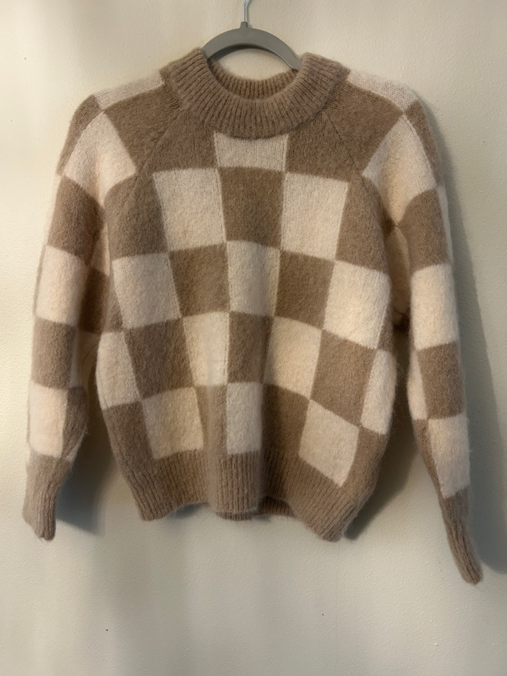 Sandro Cozy Checkerboard Crewneck Sweater - Beige & Cream